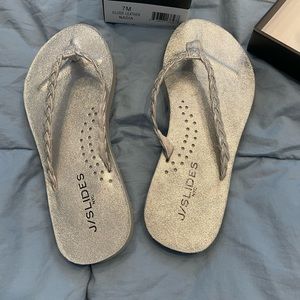 Jslides silver leather Nadia flip flops. New in Box. Very cute and comfy!